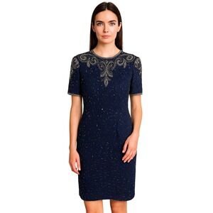 Robert Anthony Women's Size 10 Navy‎ Blue Beaded Silk Keyhole Back Dress Vintage